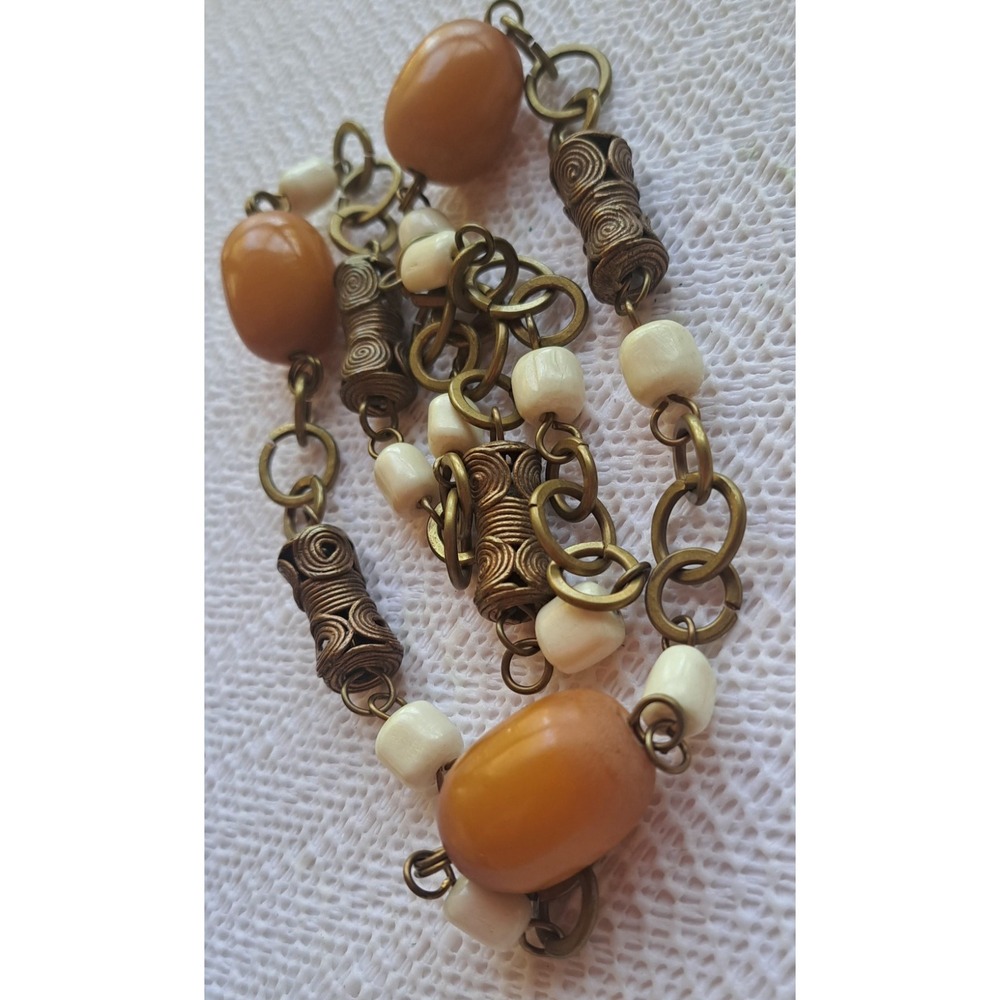 Vintage 1920s Art Deco Butterscotch Bakelite Brass Barrel Necklace - Picture 5 of 7